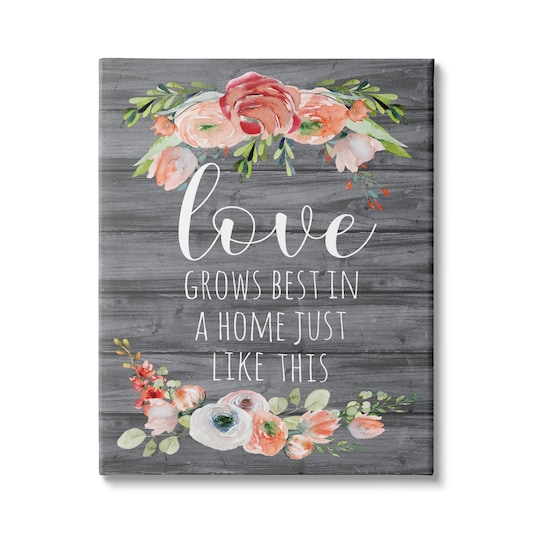 Stupell Industries Love Grows Best Motivational Family Phrase Rustic Flowers Canvas Wall Art